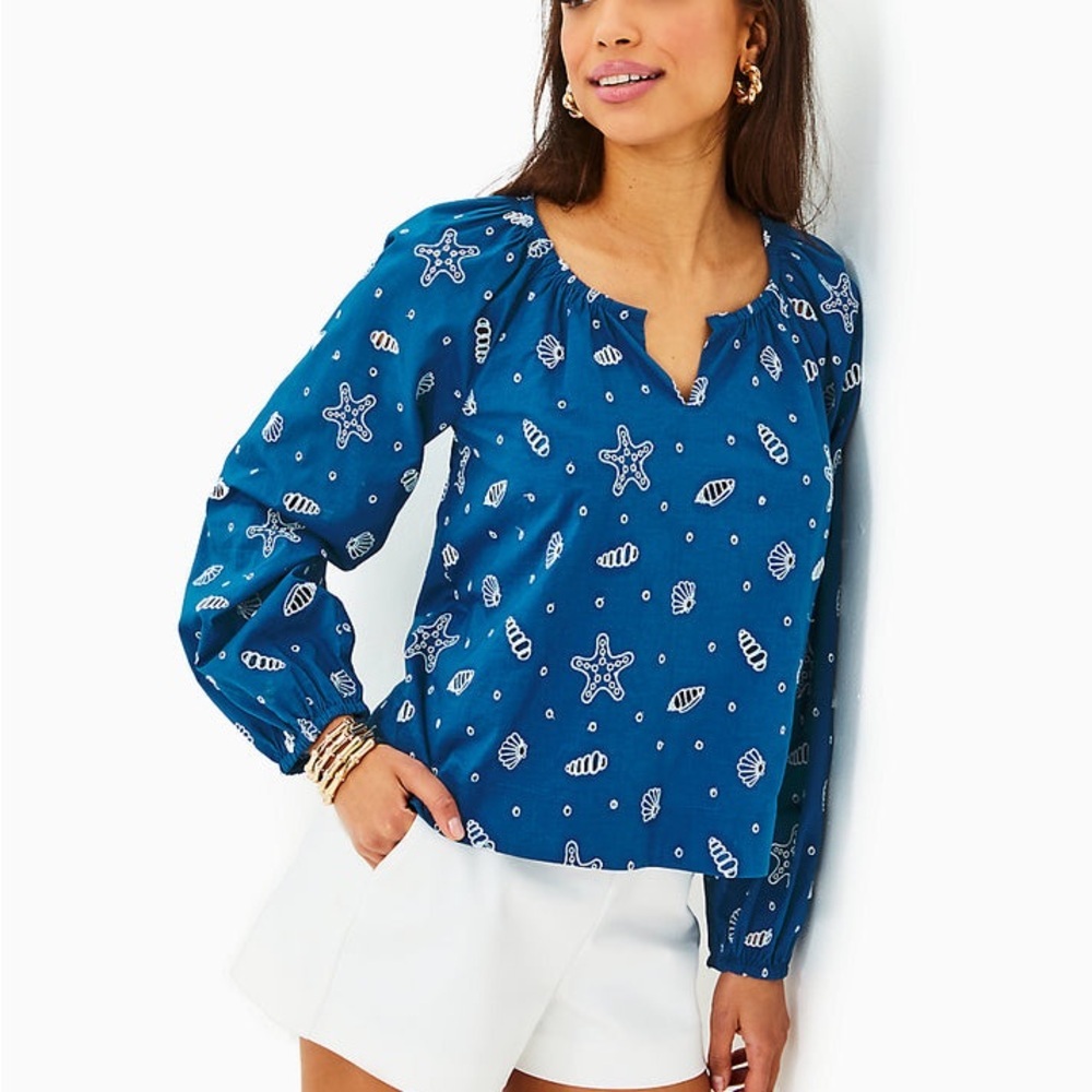 Lily Pulitzer Maisha Long Sleeve Eyelet Top Barton Blue Shell Embroidery XL